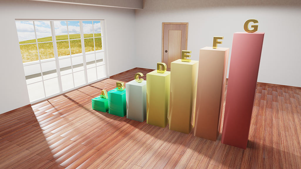 Vista de una habitación de una casa con 6 barras de eficiencia energética (A-F) en su interior.