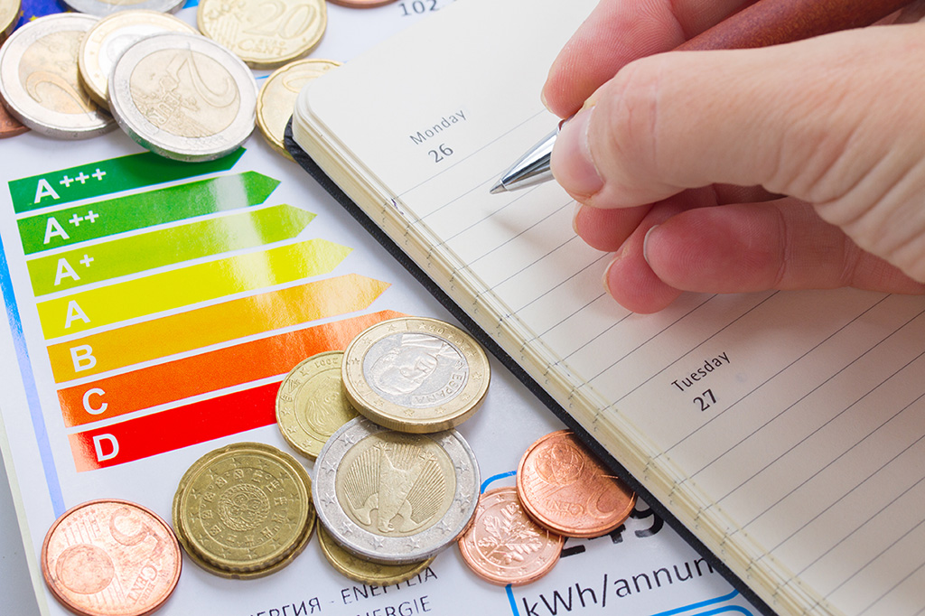 Una mano con un boli apunta información en una agenda. En la mesa aparecen monedas de diferente valor sobre una hoja con el gráfico de los diferentes tipos de eficiencia energética (A, B, C...)