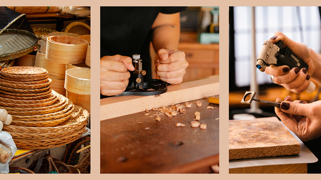 Collage con tres imágenes: cestos de mimbre apilados, persona trabajando la madera con una herramienta manual, y manos utilizando un soplete para dar forma a una pieza de joyería.