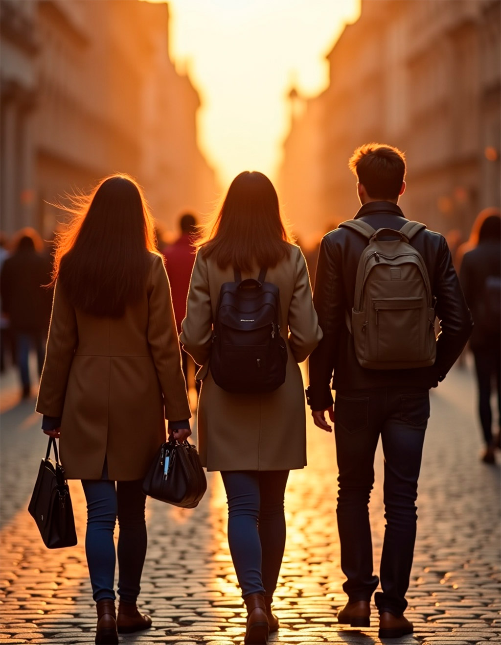 Un grupo de estudiantes caucásicas, vistas de espaldas, de unos 25 años, caminan por una calle adoquinada de Praga en otoño. Las mujeres tienen el pelo largo y castaño y llevan elegantes abrigos y bufandas. El hombre tiene el pelo corto y oscuro y lleva una chaqueta de cuero. Llevan carpetas, bolígrafos y mochilas.