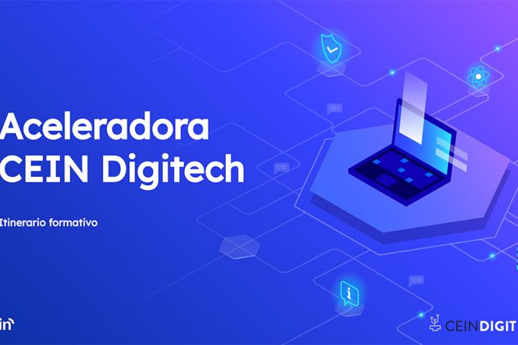 Degradado diagonal de azul intenso a morado. Sobre él, la frase "Aceleradora CEIN Digitech" en letras blancas. Bajo ella, con letras más pequeñas se muestra la frase "Itinerario formativo".  A la derecha aparece una imagen dibujada de un ordenador portátil. Abajo a la derecha se muestra el logotipo de la aceleradora.