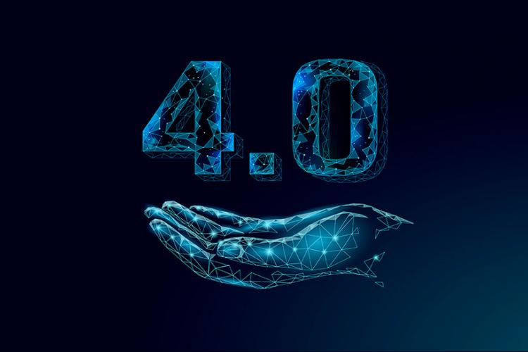 una mano digital sujeta el término "4.0", también digital, en tonos azules con fondo degradado de azul oscuro a negro.