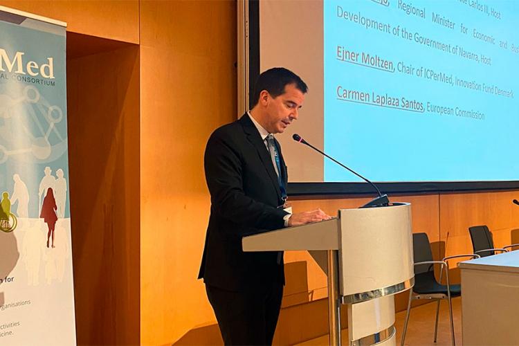 El consejero Irujo, durante un acto del consorcio ICPerMed celebrado en Pamplona.