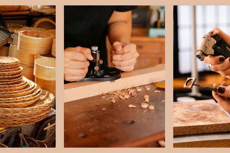 Collage con tres imágenes: cestos de mimbre apilados, persona trabajando la madera con una herramienta manual, y manos utilizando un soplete para dar forma a una pieza de joyería.