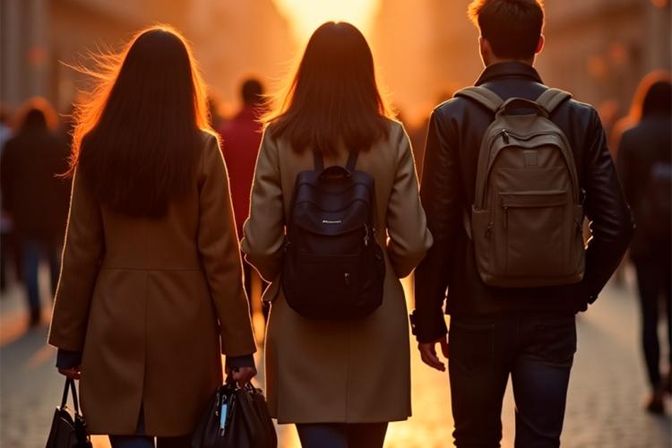 Un grupo de estudiantes caucásicas, vistas de espaldas, de unos 25 años, caminan por una calle adoquinada de Praga en otoño. Las mujeres tienen el pelo largo y castaño y llevan elegantes abrigos y bufandas. El hombre tiene el pelo corto y oscuro y lleva una chaqueta de cuero. Llevan carpetas, bolígrafos y mochilas.