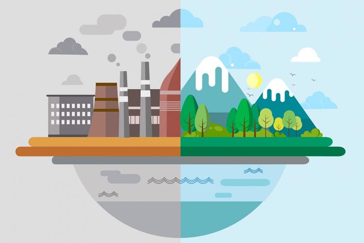 Imagen dividida verticalmente. A la izquierda, una industria emitiendo mucho humo. A la derecha, montes, árboles y un día soleado.