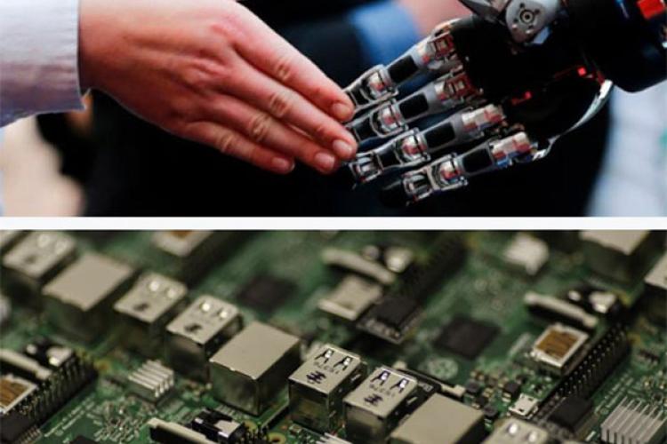Dos manos uniéndose, una humana otra robótica. En la parte inferior, chips informáticos.