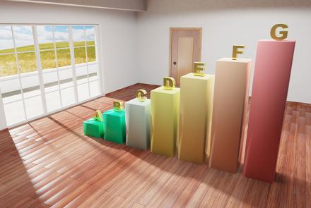 Vista de una habitación de una casa con 6 barras de eficiencia energética (A-F) en su interior.