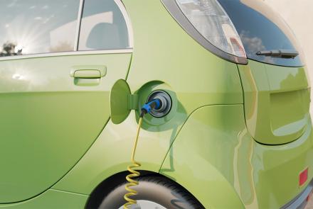 Parte trasera de un vehículo verde kiwi, el cual tiene una manguera conectada en el punto de recarga eléctrica