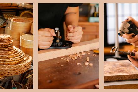 Collage con tres imágenes: cestos de mimbre apilados, persona trabajando la madera con una herramienta manual, y manos utilizando un soplete para dar forma a una pieza de joyería.