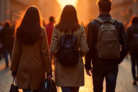 Un grupo de estudiantes caucásicas, vistas de espaldas, de unos 25 años, caminan por una calle adoquinada de Praga en otoño. Las mujeres tienen el pelo largo y castaño y llevan elegantes abrigos y bufandas. El hombre tiene el pelo corto y oscuro y lleva una chaqueta de cuero. Llevan carpetas, bolígrafos y mochilas.